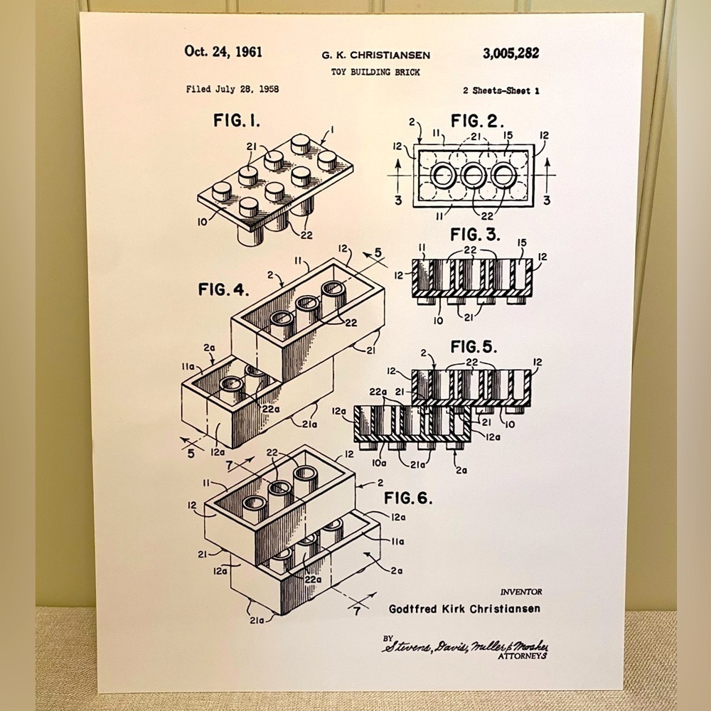 1961 - Lego - Toy Building Brick G. K. Christiansen - Patent Art (Reproduction)